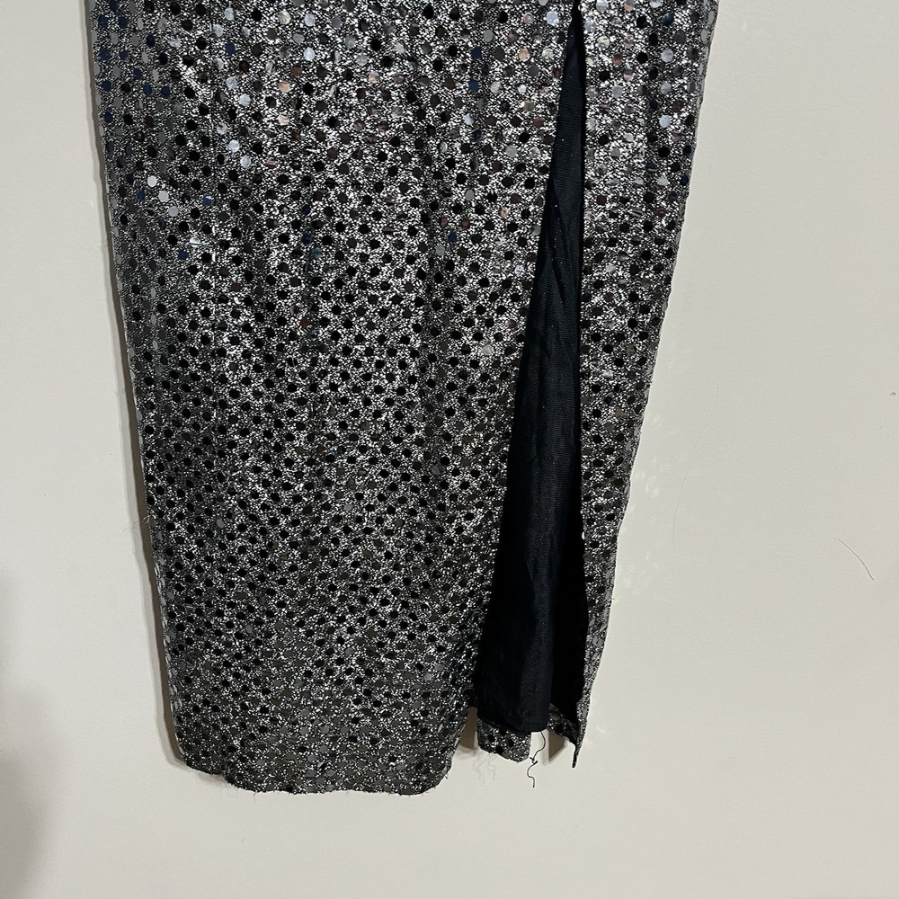 Vintage 90s Silver Sequin Maxi Dress Spaghetti Strap Side Slit Gown Size 10 USA - Picture 4 of 13